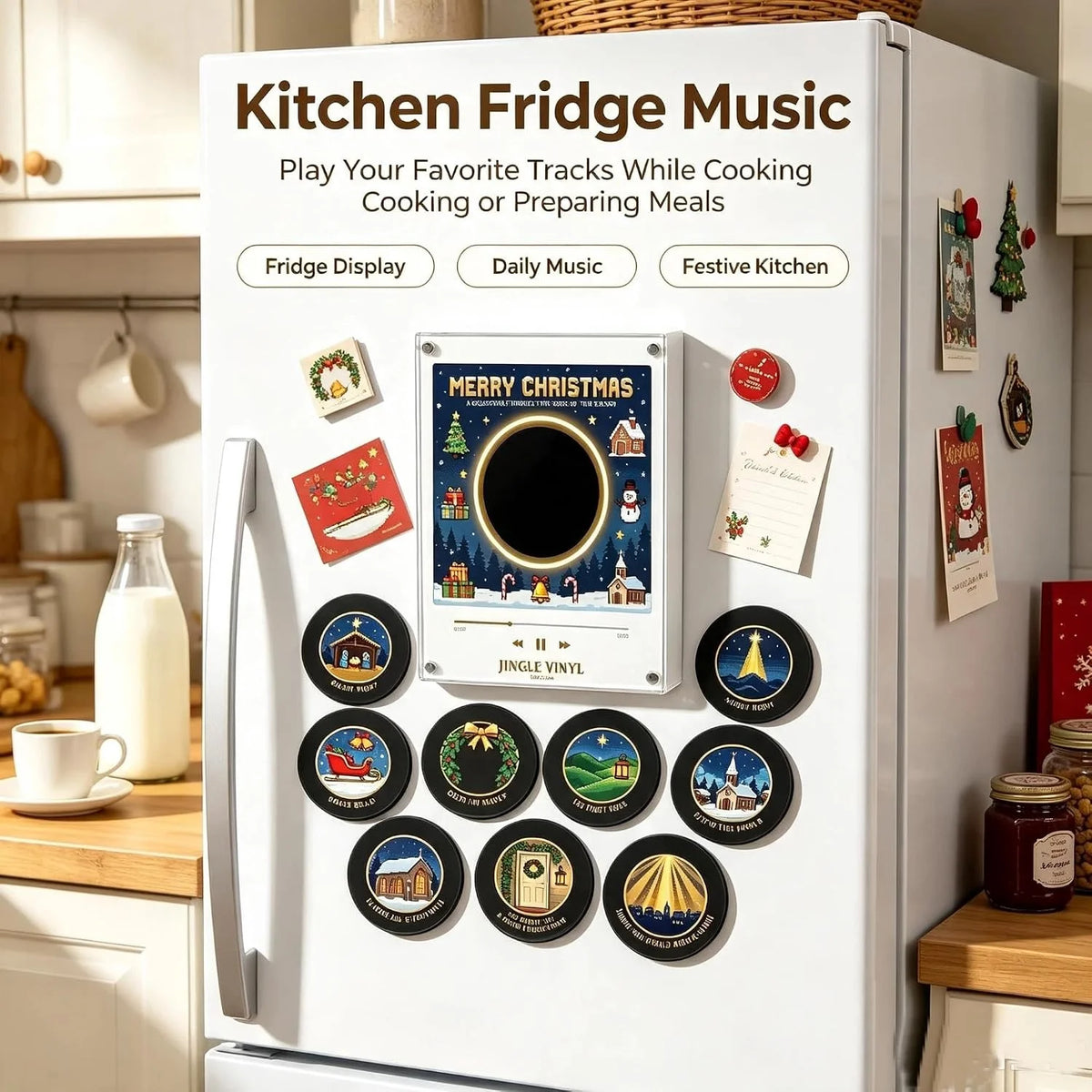 Magnetic Fridge Vinyl Music Box Christmas - Magnetic Fridge Music Player with 9 Vinyl Style Discs, Mini Christmas Vinyl Record Player for Christmas Decor and Gifting